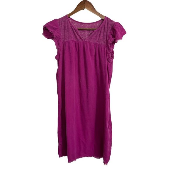 Womens Purple Split Neck Crochet Raw Hem Short Sleeve Mini Shift Dress Small - Picture 1 of 8